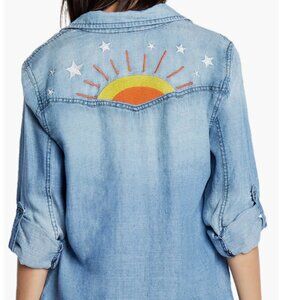 Hello Sunshine Embroidered Button-Up Shirt, Size L